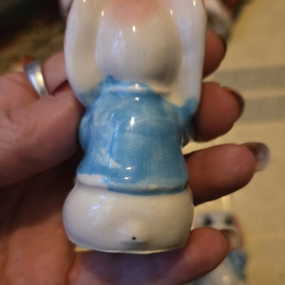 Ceramic Bunny Figurines - Blue and White Anthropomorphic Salt An Pepper Shakers